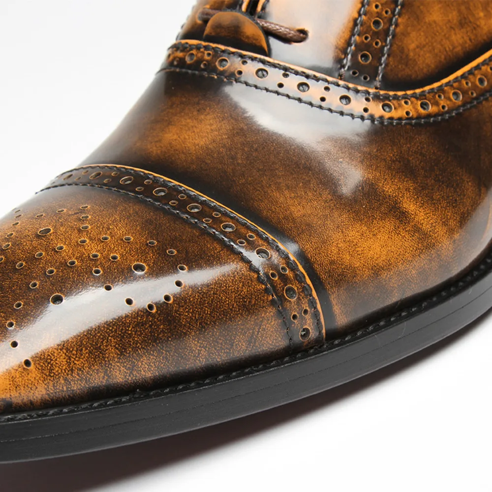 Men's Three Cap Brogue Carved Wingtip Bright Leather Business Formal Dress Shoes Groom Wedding Shoes for Men