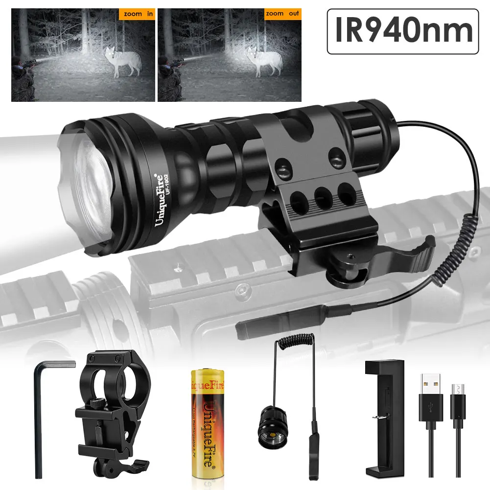 

UniqueFire Hunting Light 1903 Zoomable IR 940nm LED Flashlight With Rat Tail+Charger+Bracket 3 Modes Adjustable For Outdoor