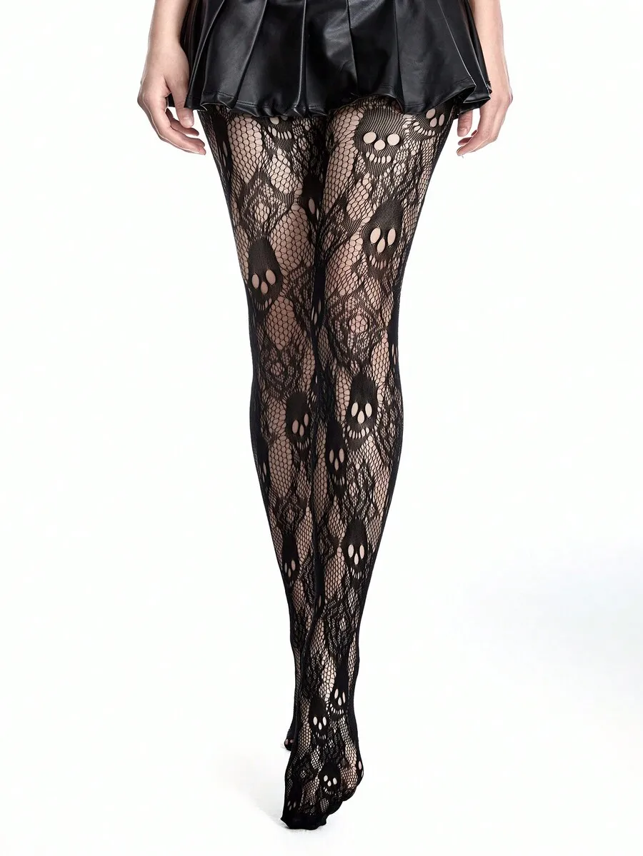 

Black Lace Skull Pattern High Elasticity Asymmetric Stockings for Women