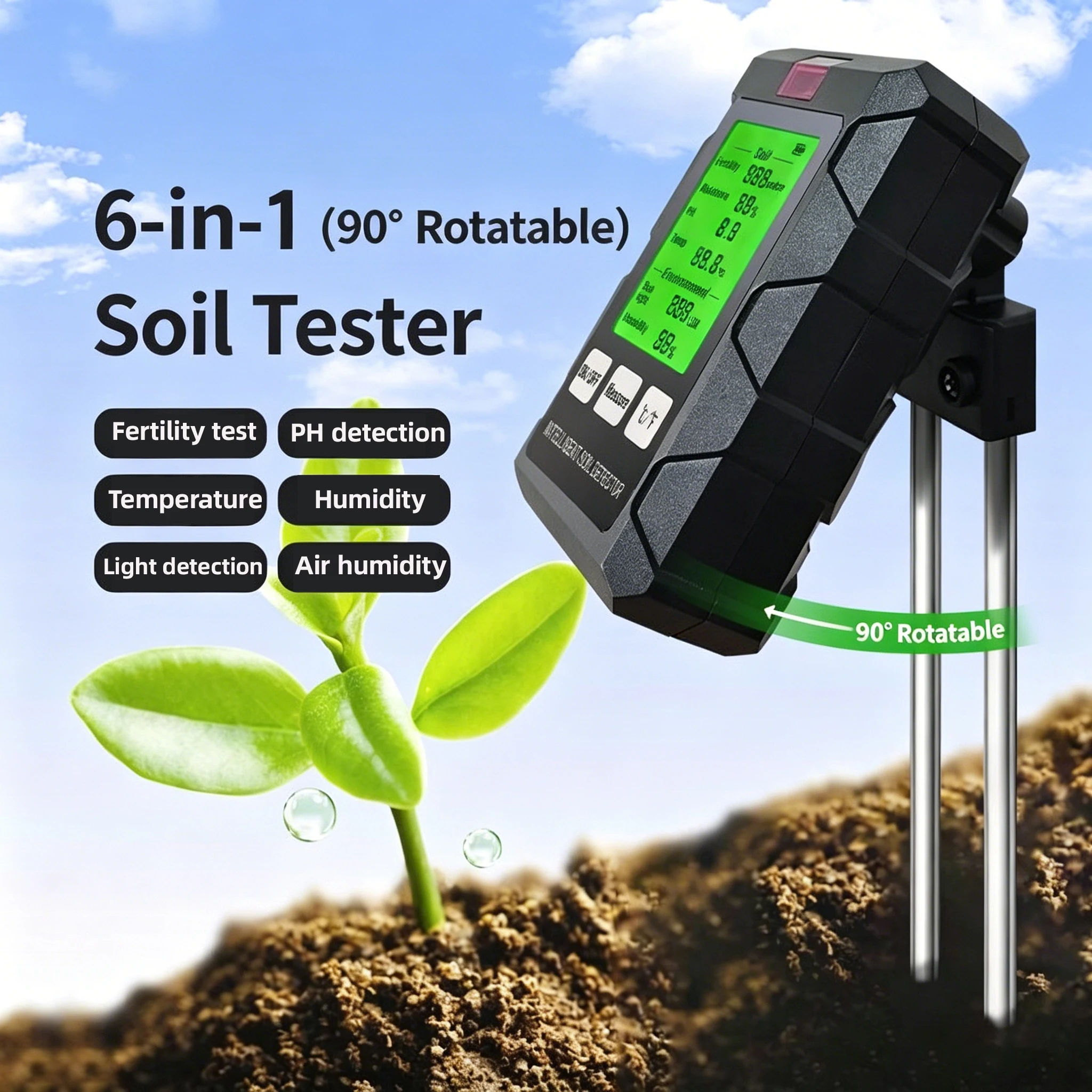 6 in 1 Soil PH Meter Sunlight Ambient Humidity Temp Soil Moisture Tester Nutrient Fertility Detector Garden Soli Analyzer