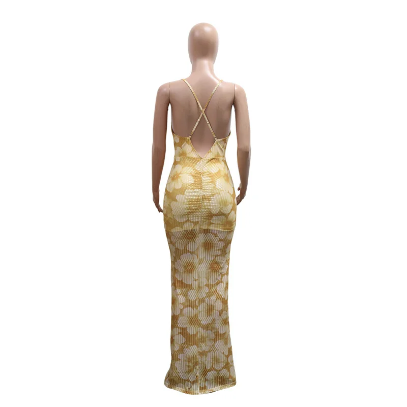 2025 nouveau col en V profond dos nu moulante mince femmes Sexy longue robe de soirée voir à travers imprimé Spaghetti sangle boîte de nuit Maxi robe