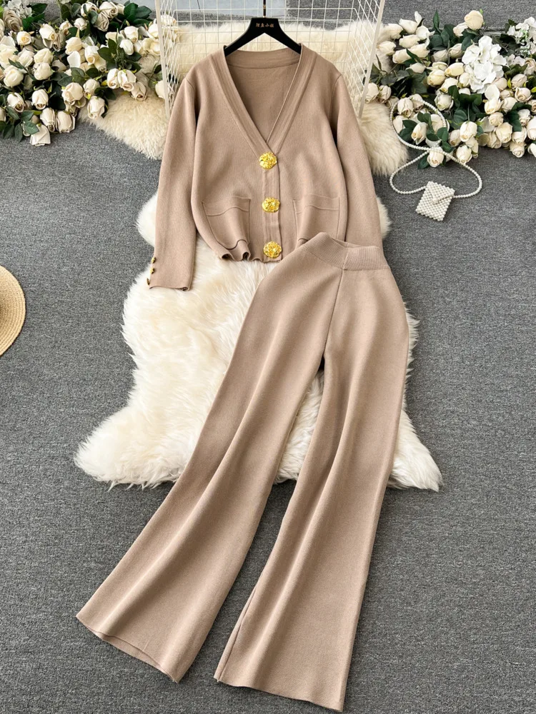 Fashion Knitted Women Suits Single Breasted Gold Button V Neck Cardigan+Wide Legs Long Pants Autumn Winter Loose Sweater Sets