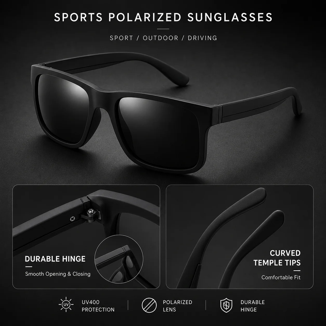 Matte Schwarze Rahmen Polarisierte Sonnenbrille für Herren Quadratisch UV400 Fahrbrille Outdoor-Sport Sonnenbrille – Detail 7