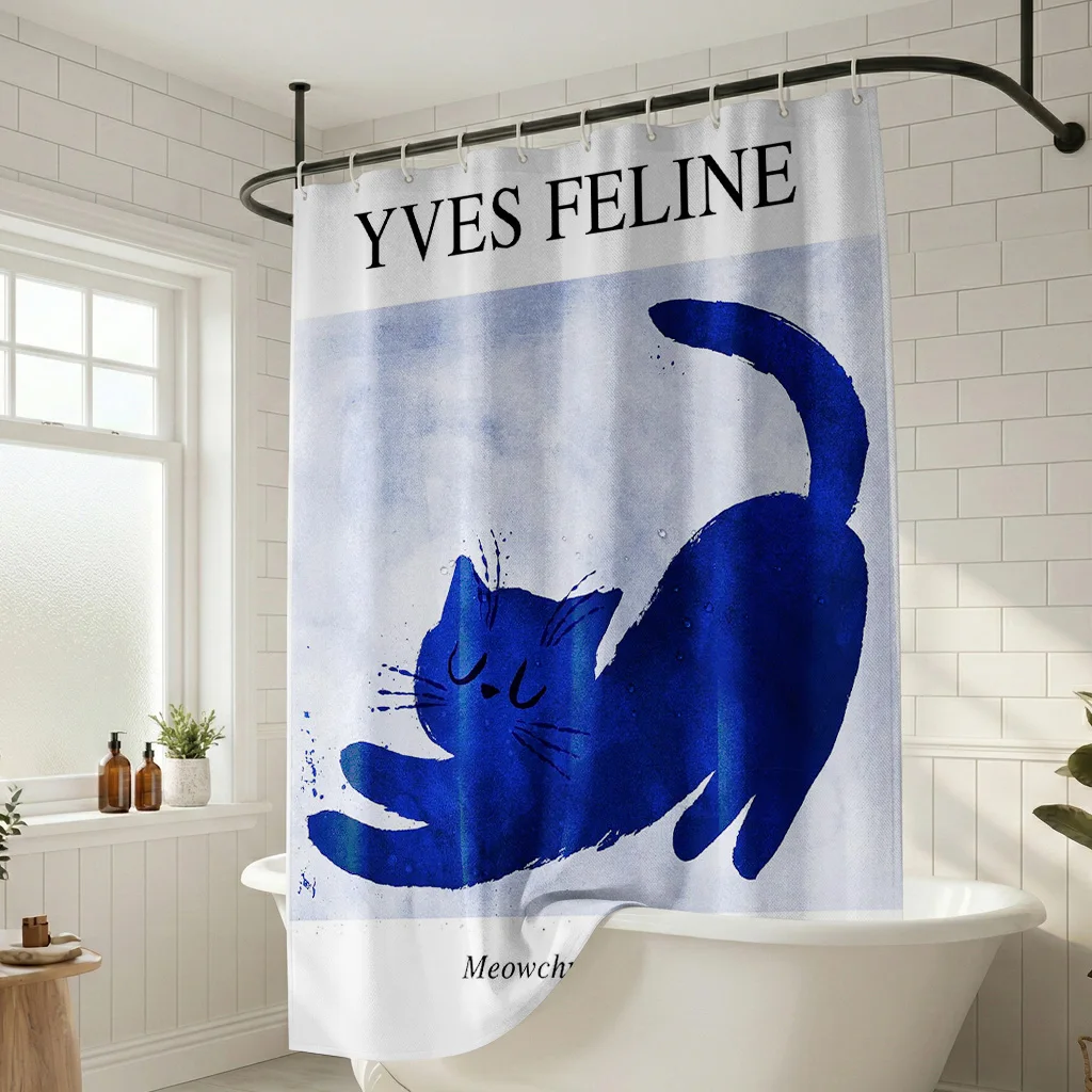 

Yves Feline Blue Cat Art Shower Curtain - Creative Watercolor Kitten Design - Indoor Home Bathroom Decor Artistic Bath Curtain