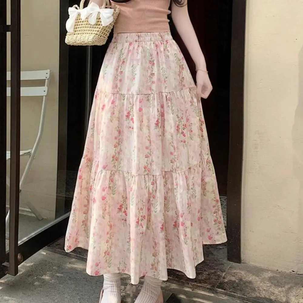 Gonna lunga floreale a vita alta streetwear Gonna lunga a vita alta patchwork sottile da donna Gonna a strati a trapezio con fiori dolci Ragazza