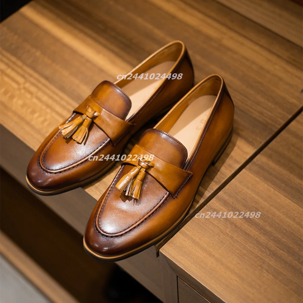 Handmade Tassel Leather Loafers for Men Pointed Toe Polished Faux Leather Shoes, Classic Penny Loafers Business Formal Footwear
