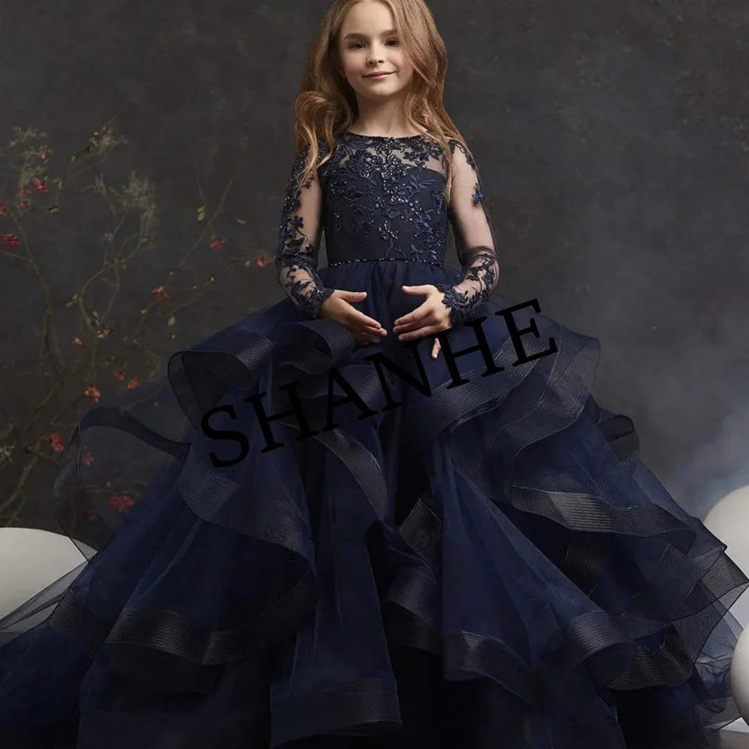 CustomizedTulle Flower Girl Dress For Wedding Sequined Lace Princess Pageant Dresses Toddler Girls Full Sleeve Birthday Party Ba