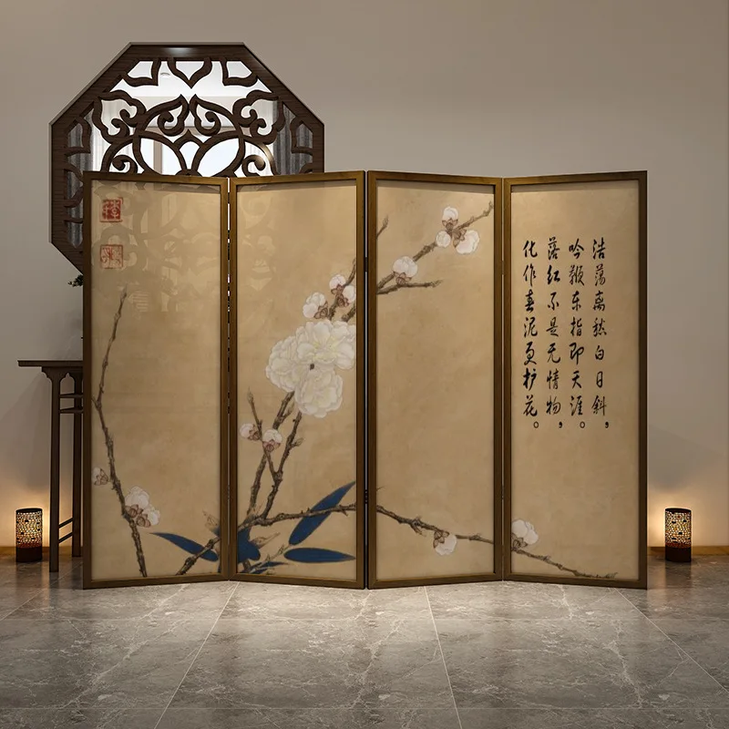 New Chinese-style entrance door screen partition living room bedroom room mobile folding entrance study solid wood flower