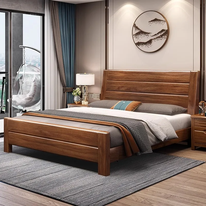 

Walnut Chinese Style Solid Wood Storage Bed Modern Minimalist Double Bed Bedroom Furniture king Bed