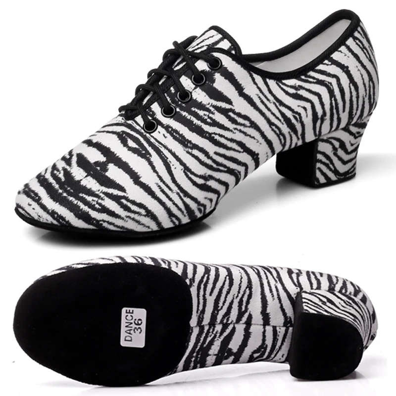 

2025 White zebra stripes Jazz Dance Shoes Lace-up High-heeled Canvas Soft-soled Shoes Hot Sale indoor jazz Modern dancing shoes