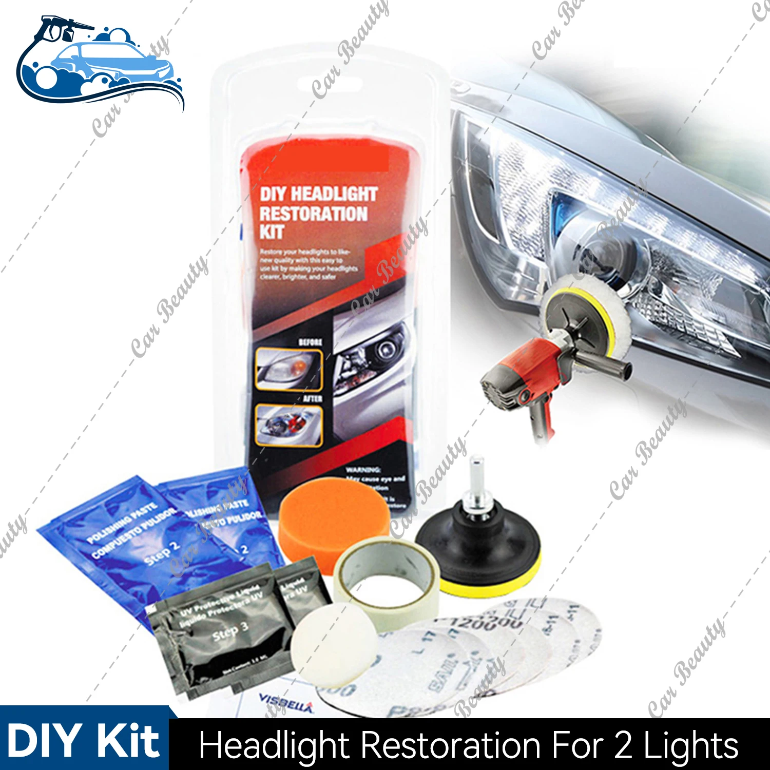 Car Headlight Cleaner And Restorer Kit for Plastic Lens Restoration DIY Polishing Paste Sanding Discs UV Protective Liquid