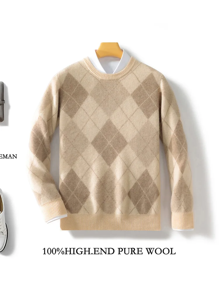 Men Cashmere Sweater 100% Merino Wool Knitwear Autumn Winter Vintage Long Sleeve Diamond Jacquard O-neck Pullover Soft Wool Tops