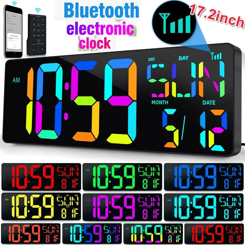 17.2in Large LED Digital Wall Clock Temp Humidity Display Bluetooth Automatic Calibration Time Adjustable Brightness Alarm Clock