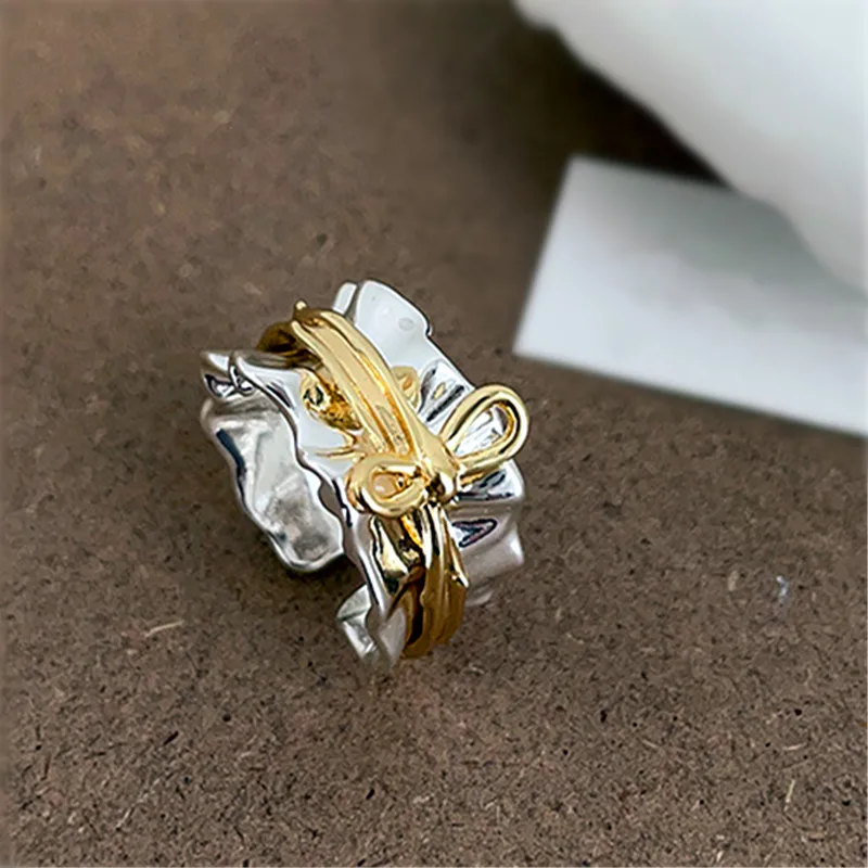 2024 New Irregular Bow Metallic Wide Statement Fashion Rings For Women Unique Design Adjustable Ring Jewelry Bijoux