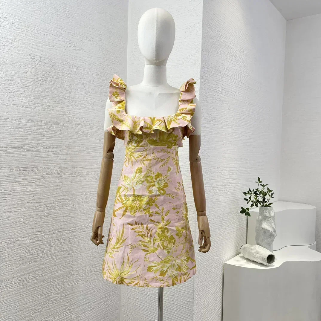 

Women New Collection Beach Vacation Holiday Linen High Quality Pink Yellow Floral Print Ruffles Sleeveless Mini Dress