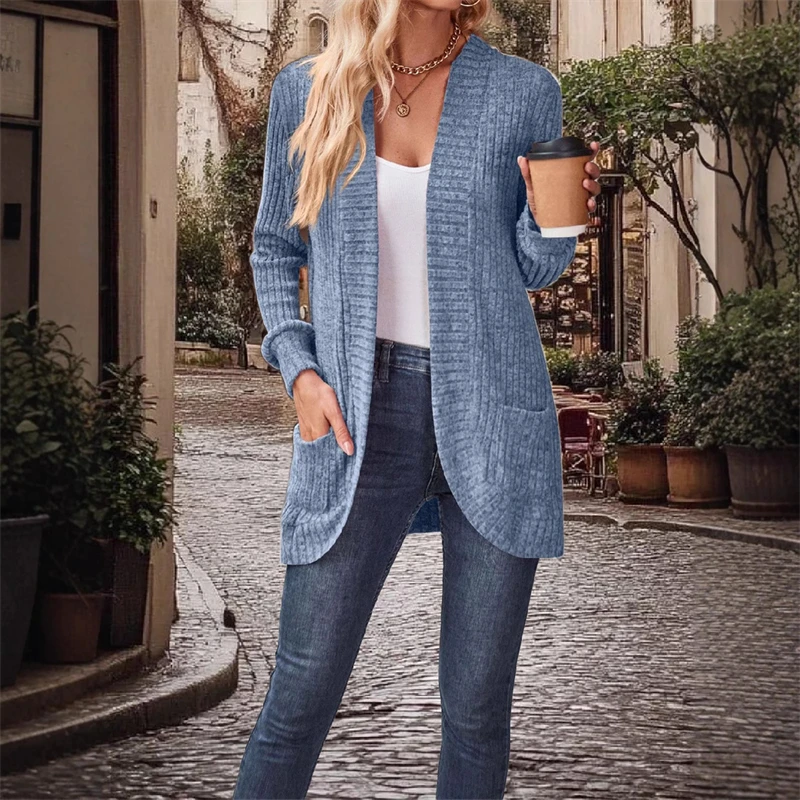 

2025 Women Autumn Knitted Cardigan Sweater Solid Color Long Sleeve Sweater Cardigans with Pockets Female Vintage Knitwear Coat