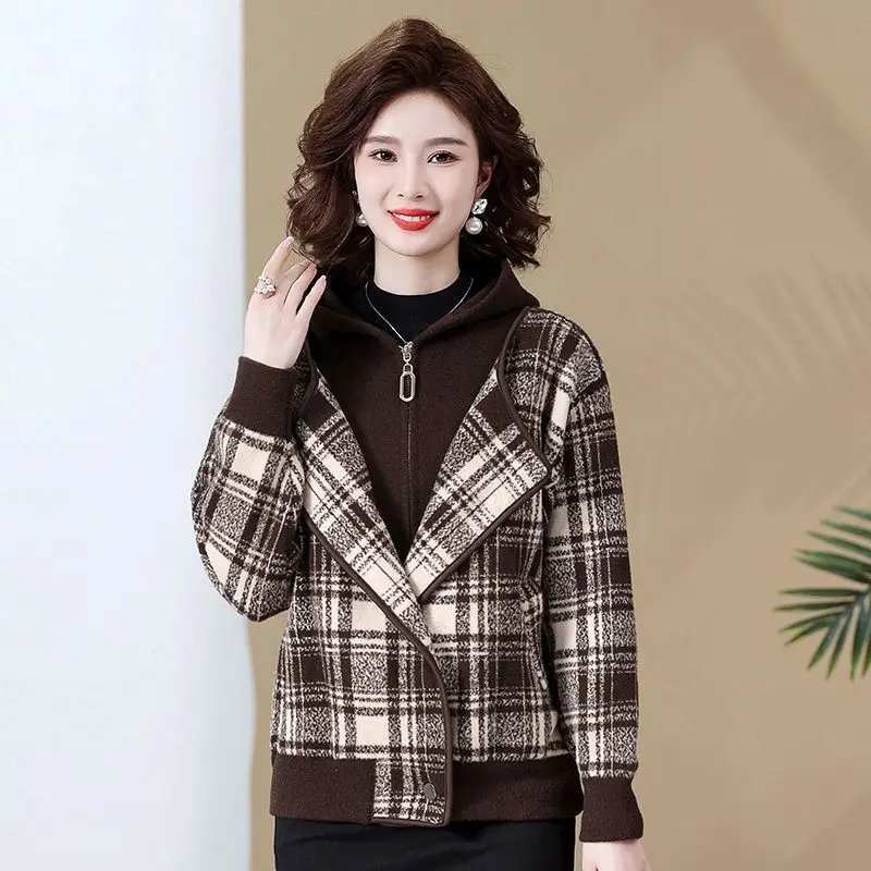 Middle-Aged And Elderly Mother Hooded Casual Fake Two Double-Sided Woolen Coat Female New Autumn And Winter Large Sze Thick Coat