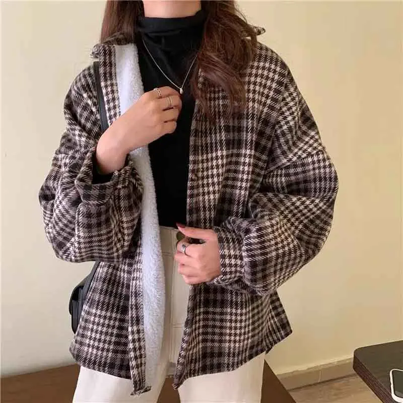 Winter Women Retro Lamb Wool Warm Plaid Shirts Winter Loose Thick Plush Lapel Casual Tops Bf Harajuku All Match Streetwear