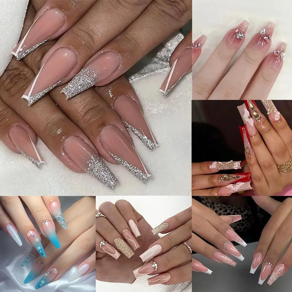 

New Long Ballerina False Nails French Glitter Crystal Nail Tips Detachable Full Cover Press on Nails DIY