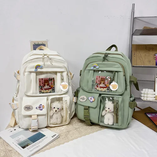 Mochila De estudiante universitario, mochila escolar de moda con Pin colgante de felpa, lindo Kawaii de gran capacidad, estilo japonés para niñas adolescentes