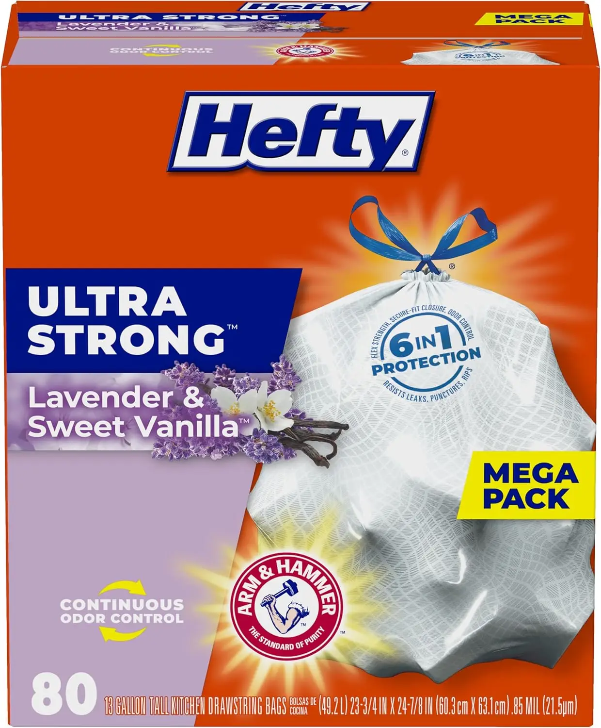 13 Gallon Tall Kitchen Trash Bags, Lavender Vanilla Scent, 80 Count, Strong and Odor-Resistant