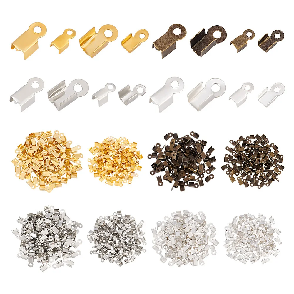 800pcs Folding Crimp Ends Fold Over Cord Ends 2 Sizes Terminators Clamp End Tips Leather Ribbon Ending Clasp Tips Metal Jewelry