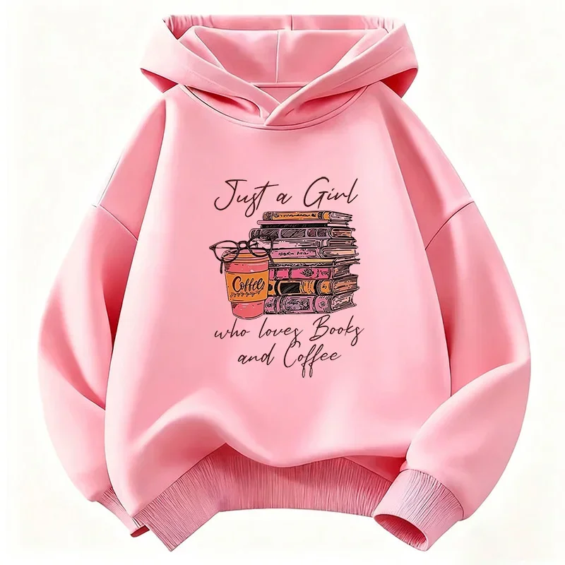 Funny Just A Girl Who Love Book and Coffee Printed Children's Sports Hoodie Autumn/Winter Casual Top