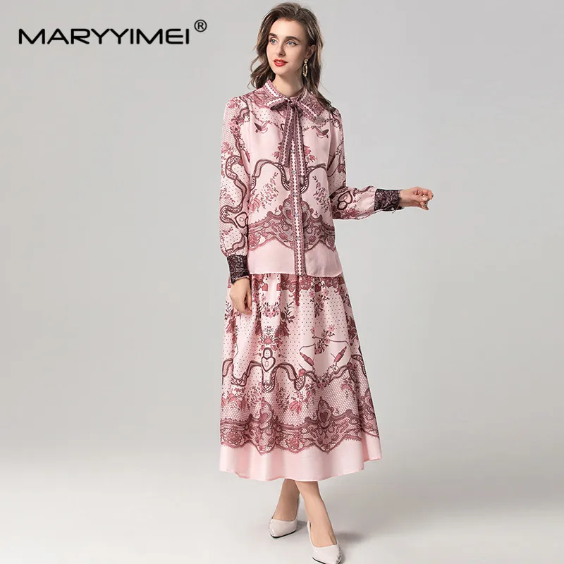 MARYYIMEI Autumn and Winter Women's Suit Scarf Collar Long-Sleeved Single-Breasted Tops+Casual Skirt Vintage Print 2 piece set