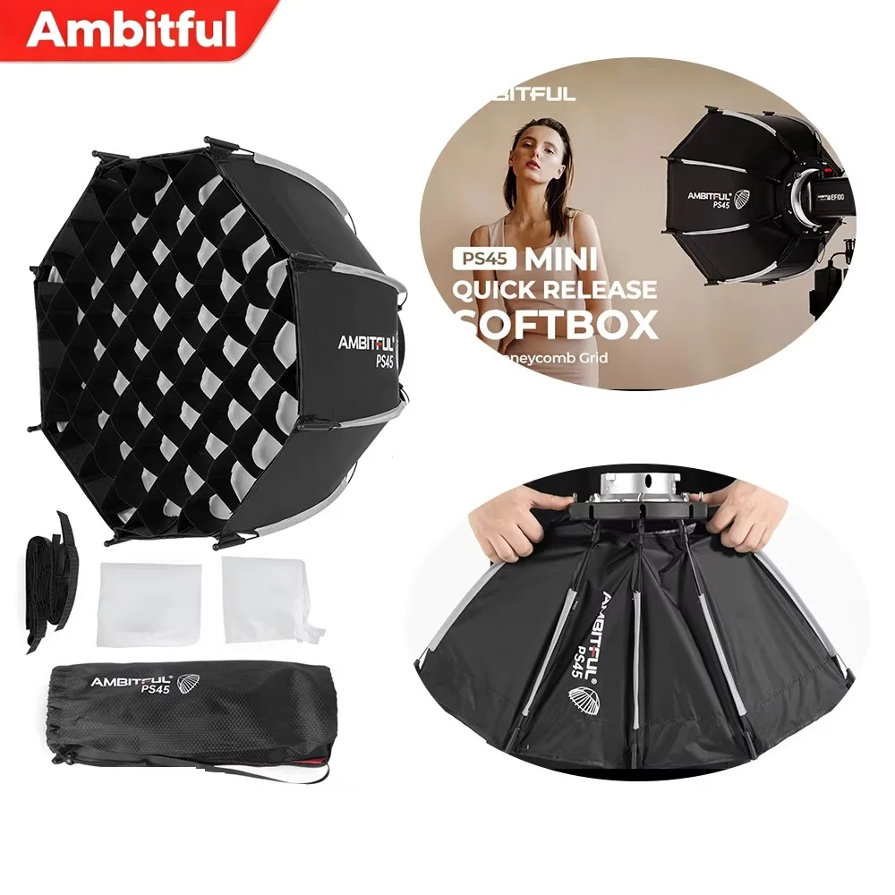 Ambitful PS45 SE 45cm mini Quickly Release Bowens Mount Octagon Softbox + Honeycomb Grid Outdoor SoftBox for SL60II LED Flash
