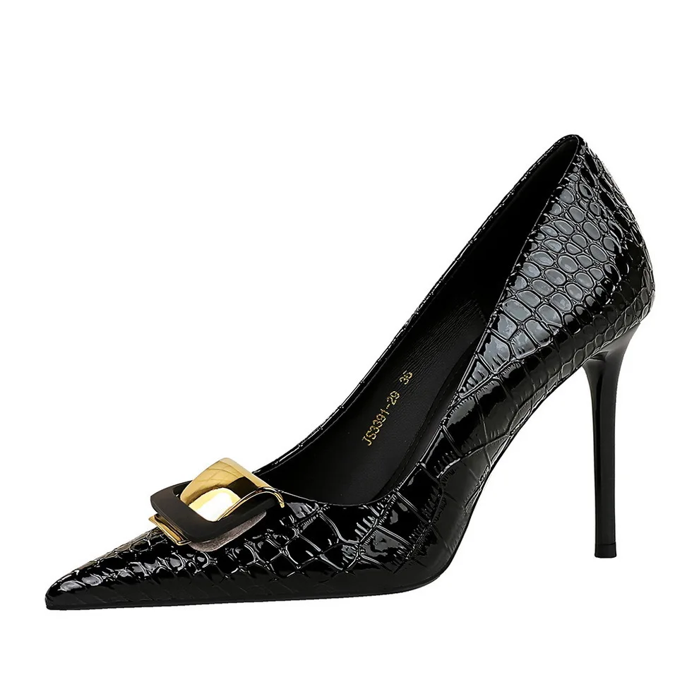 

Thin Ultra High Heels Shallow Mouth Sharp Snake Pattern Lacquer Leather Metal Buckle Decoration Single Shoes Women's Women Pumps