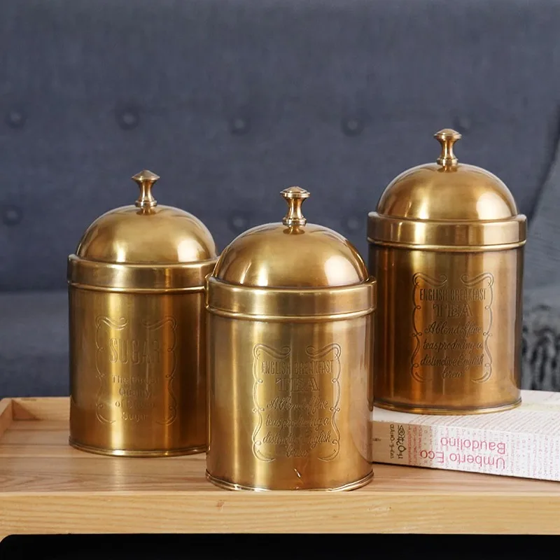 European Classical Brass Storage Jar Nordic Modern Copper Embossed Coffee Can Tea Jars Sugar Jar Home Living Room Decoration