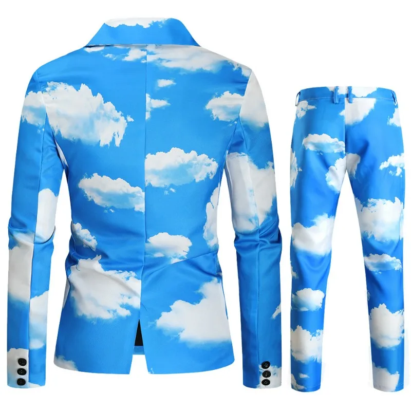KIDWHXR Man 2-piece Suit Set Single-breasted Contrast Color Printed Blazer Men Straight-leg Pant Male Slim Casual Outfit