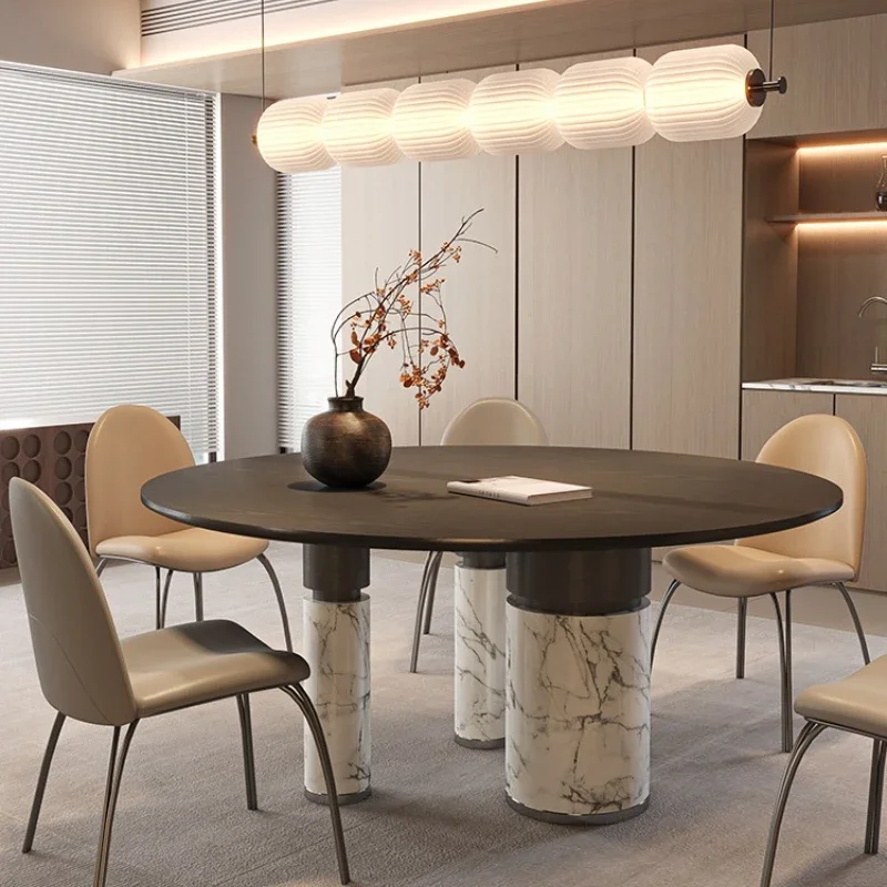 Marble dining table Modern simple light luxury small apartment household round black oak dining table