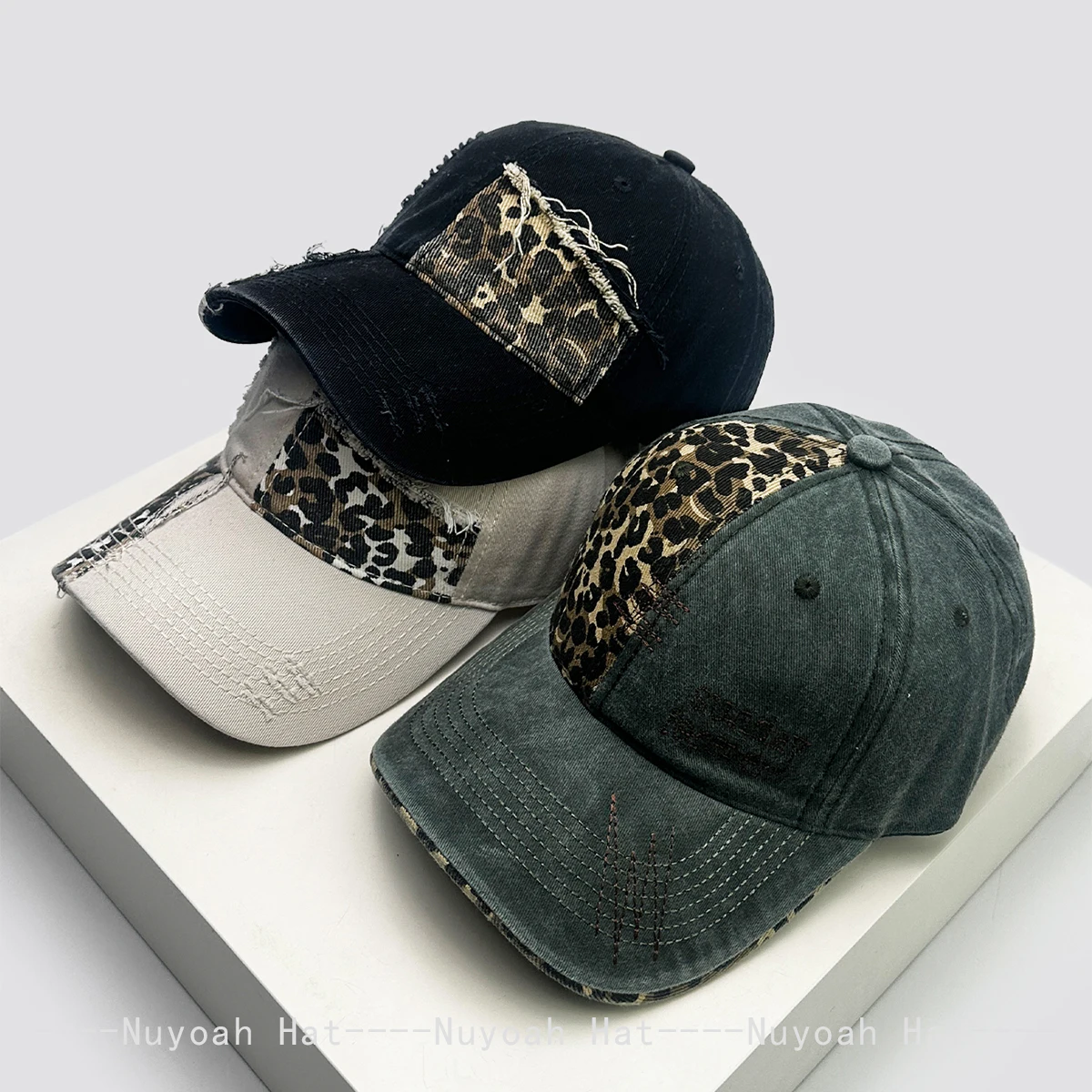 

New Men Women Retro Patched Leopard Print Baseball Hats Sunshade Personal Versatile Distress Peaked Caps Street Fashion Outdoor