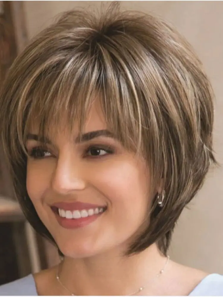 

Short Pixie Cut Brown Synthetic Wigs High Temperature Fiber Natural Straight Layered Wig with Fluffy Bangs for Women