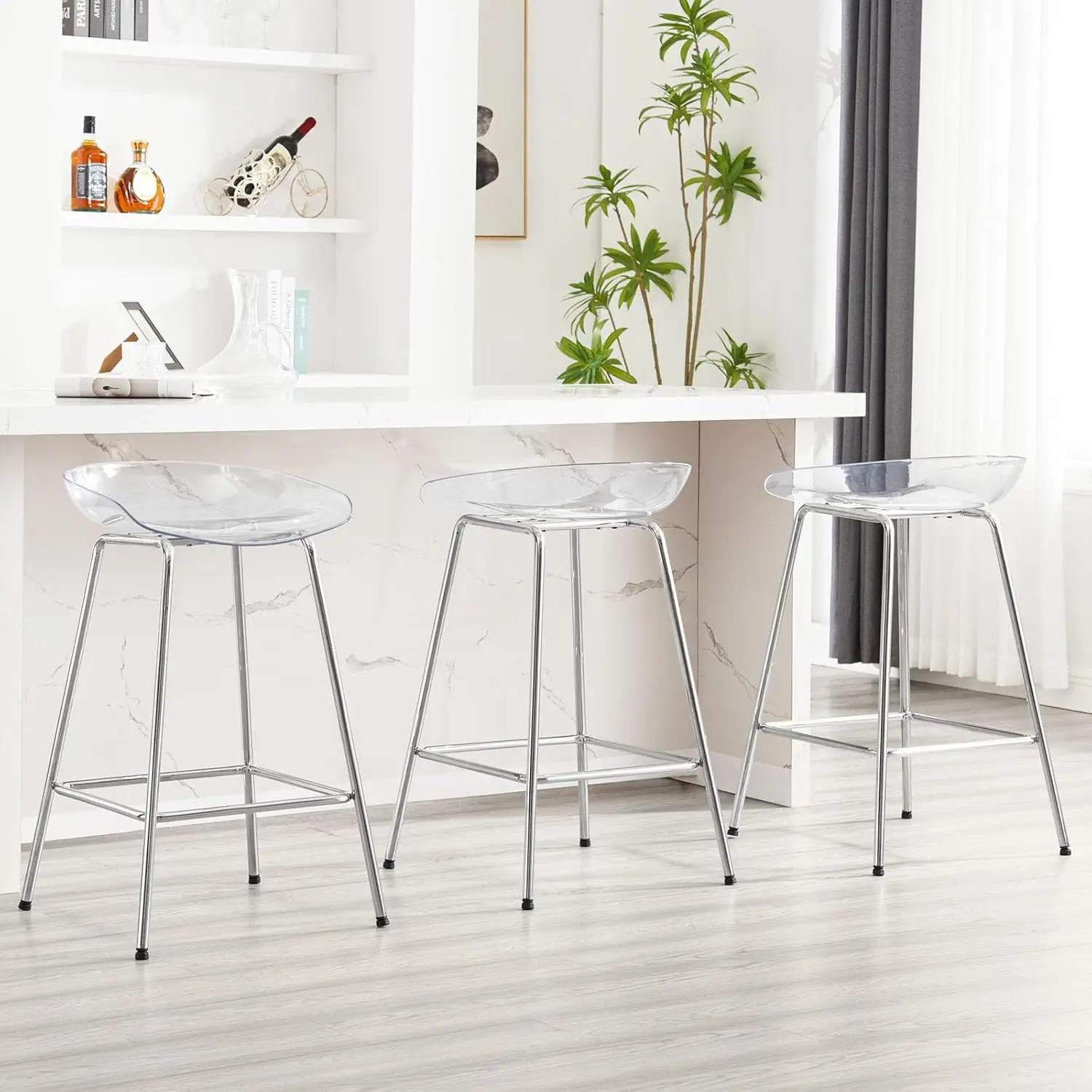 

26" Counter Height Bar Stools Set of 3, Modern Backless Barstools with Clear Plastic Seat for Kitchen Island Breakfast Island St