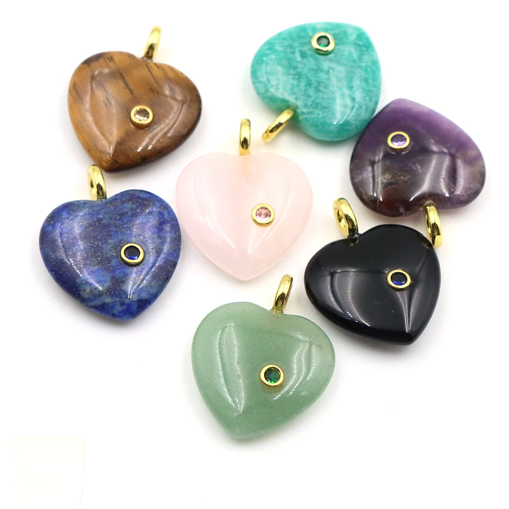 33mm Natural Stone Heart Shape Carved Pendant Multi Color Stones Jewelry Making Necklace DIY Handmade Pendant Accessories Gifts