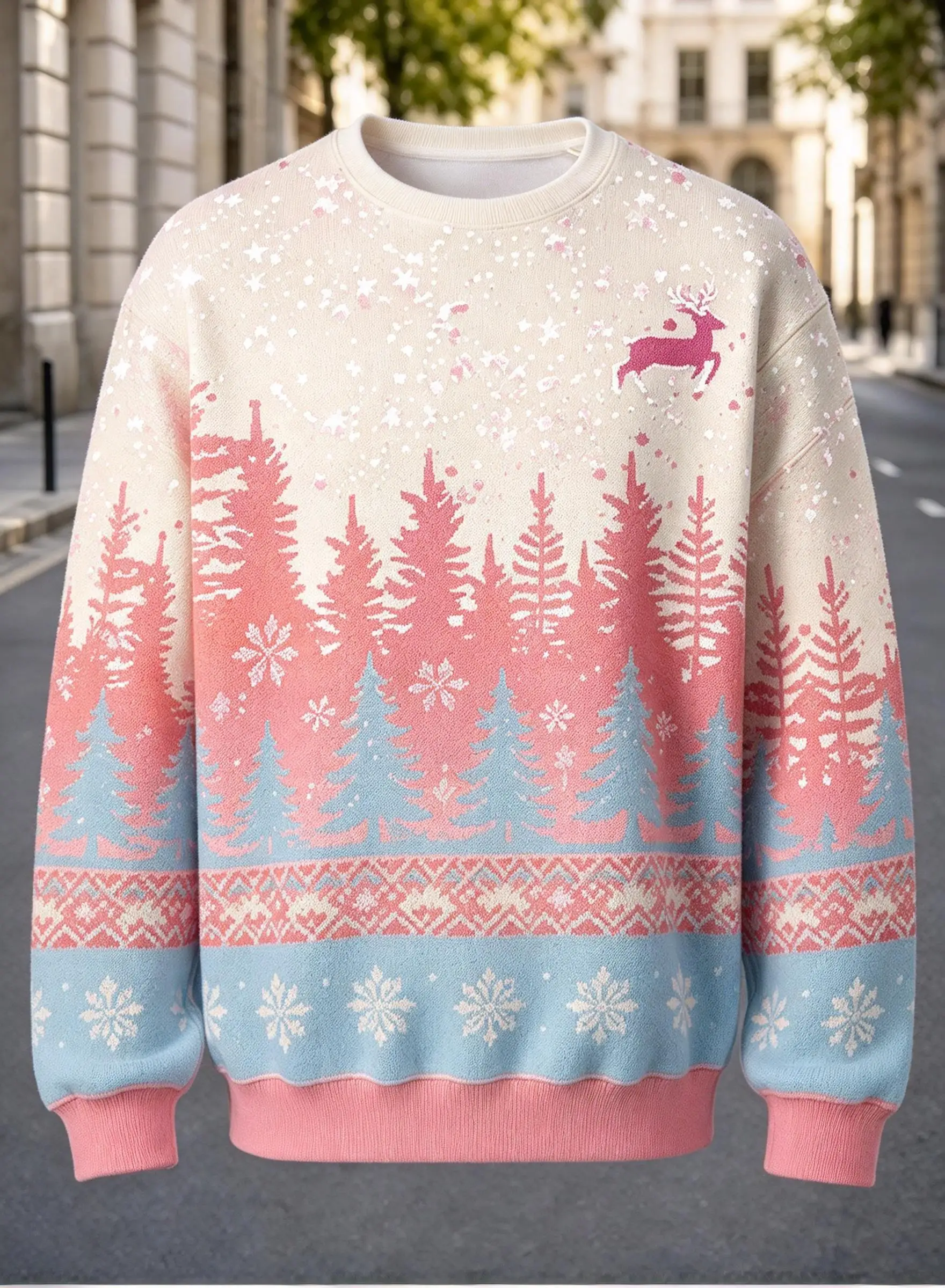 Men Crewneck Polyester Sweatshirt Green Gradient Pine Forest Golden Reindeer Snow Xmas Pullover