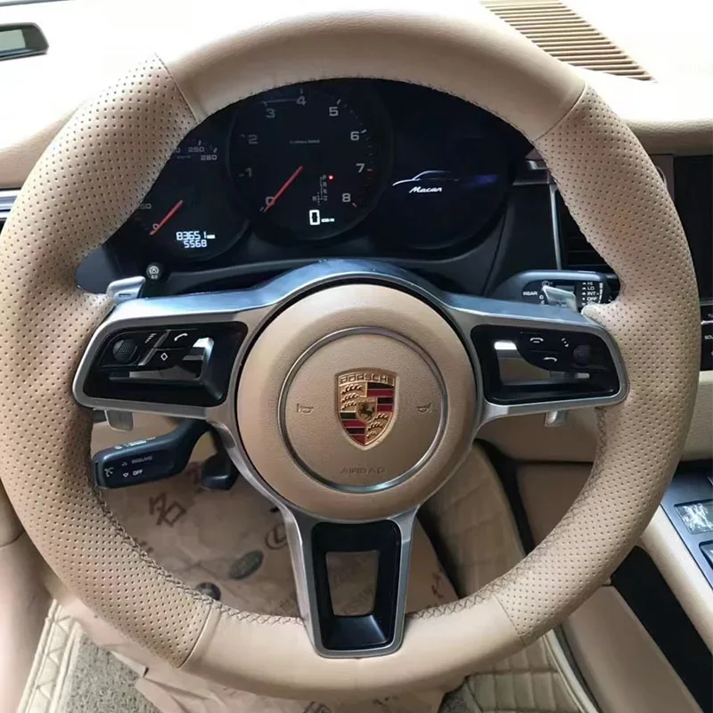 Beige Non-slip Genuine Leather Steering Wheel Cover 100% Fit for Porsche Macan 2015-2021 Cayenne 718 911 Car Accessorie