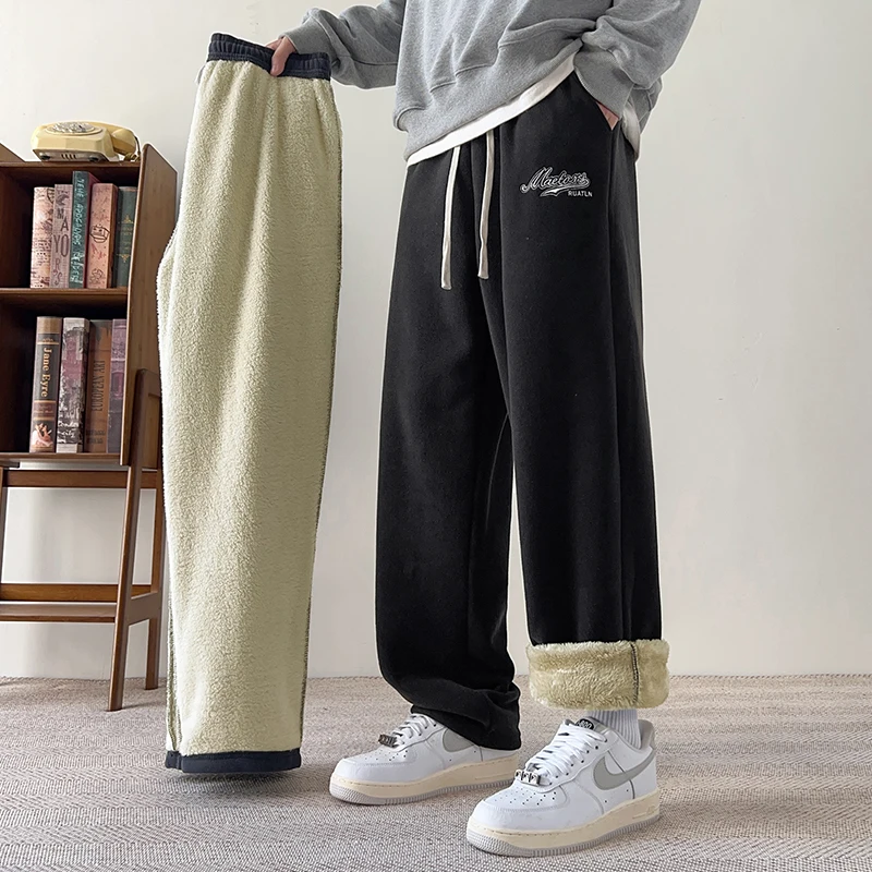 Winter Men Outdoor winter Velvet Lining Trousers Sweatpants Solid Color Baggy Thickened Winter Fleece Loose Sports Warm Pants