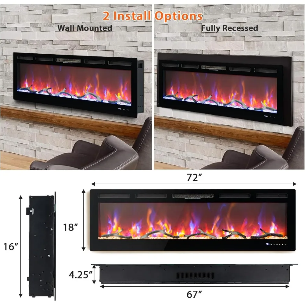 Chimenea eléctrica de 72 pulgadas, chimenea lineal empotrable/de pared con WiFi y control remoto, efecto llama multicolor, 750W/1500W