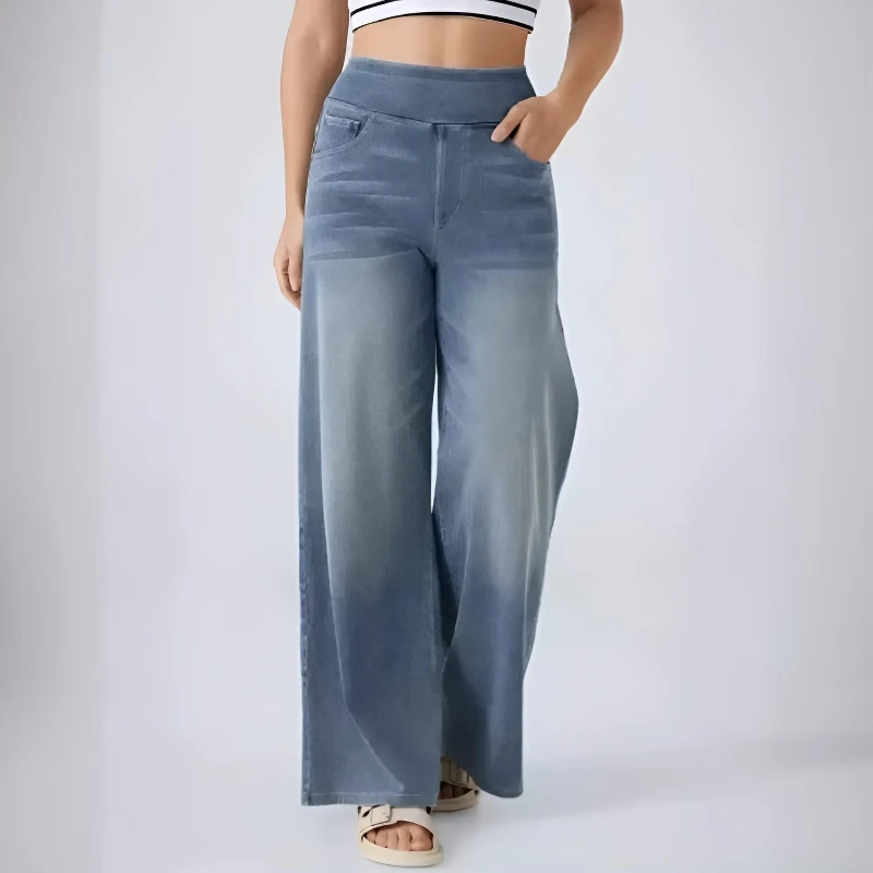 

Women's High-Waisted Washed Baggy Wide-Leg Stretchy Knit Jeans with Multiple Pockets