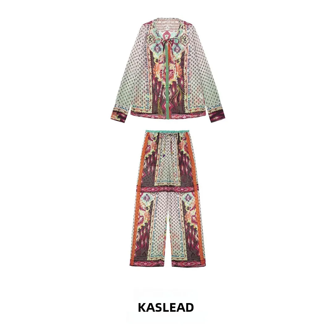 KASLEAD New Women's Fashion High-End Print Wide Leg Pants Slimming Versatile Long Trousers Autumn Season Two-Piece Set