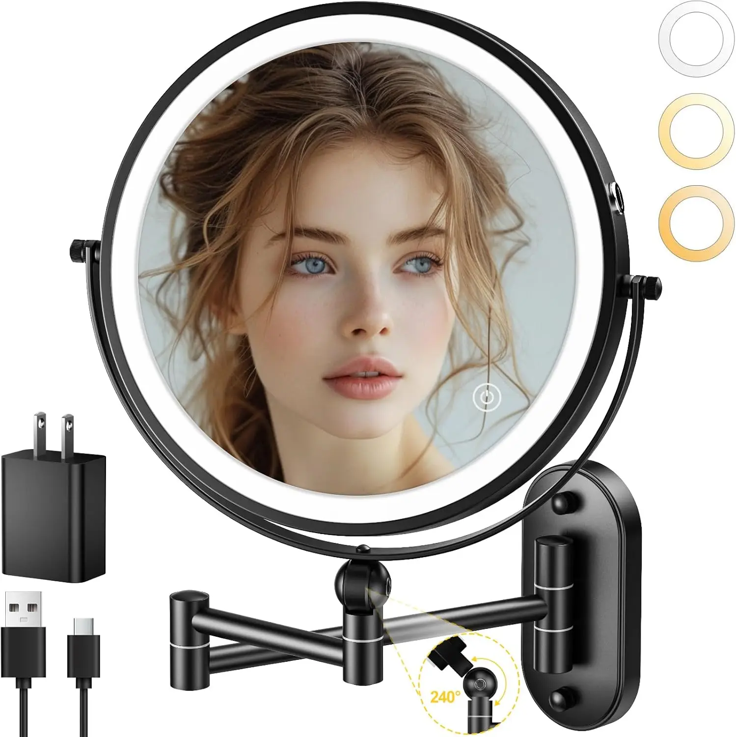 

9"" Wall Mounted Lighted Makeup Mirror,4000Mah Rechargeable Double Sided 1X/10X Magnifying Mirror With Light,3 Color
