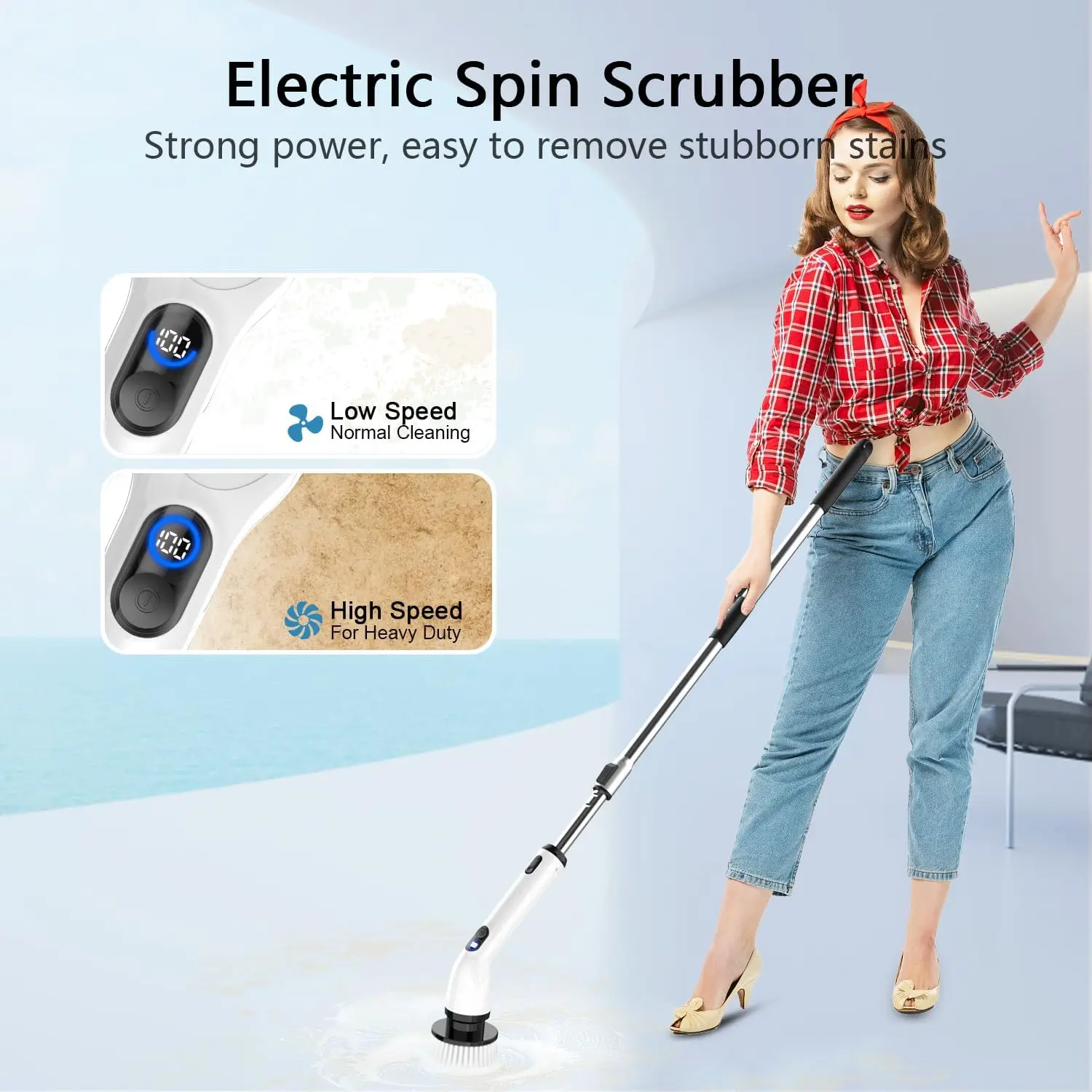 Electric Spin Scrubber, 2024 New Full-Body IPX7 Waterproof Bathroom Scrubber with Power LCD Display, Adjustable Extension Handle