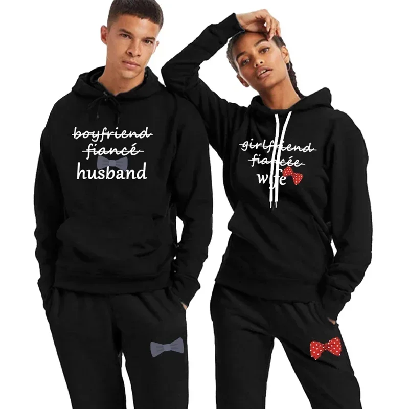 Couple Outfits Hoodie + Jogging Pants 2PCS High Quality Husband Wife Printed Men Women Daily Casual Sport Suit Lover Tracksuit