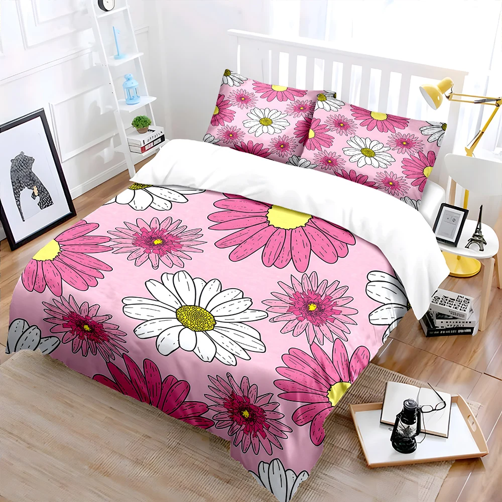 Pink and White Daisy Pattern Print Soft Comfortable Duvet Cover Bedding Set Included 1*Duvet Cover  2*Pillowcases