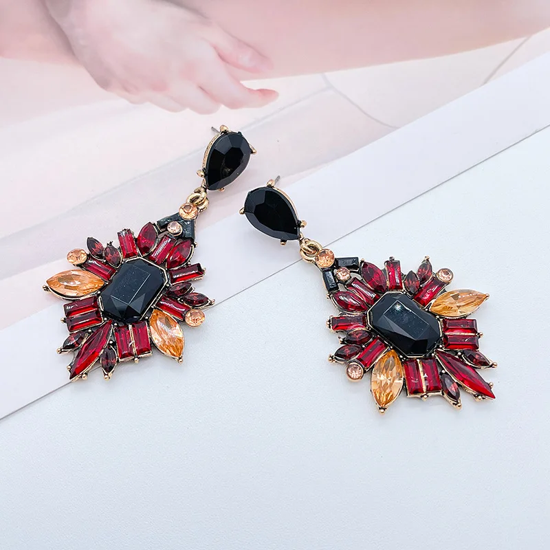Extreme color retro dark long earrings geometric alloy with diamonds full of diamonds temperament women's earrings