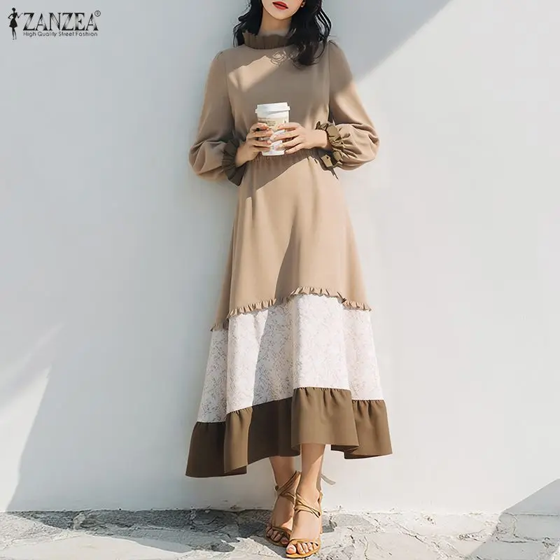 ZANZEA Modne Sukienki Maxi Damskie Jesienne Stójka Długi Rękaw Falbany Długie Sukienki Vestidos 2026 Patchwork Casual Elegancka Sukienka na Imprezę