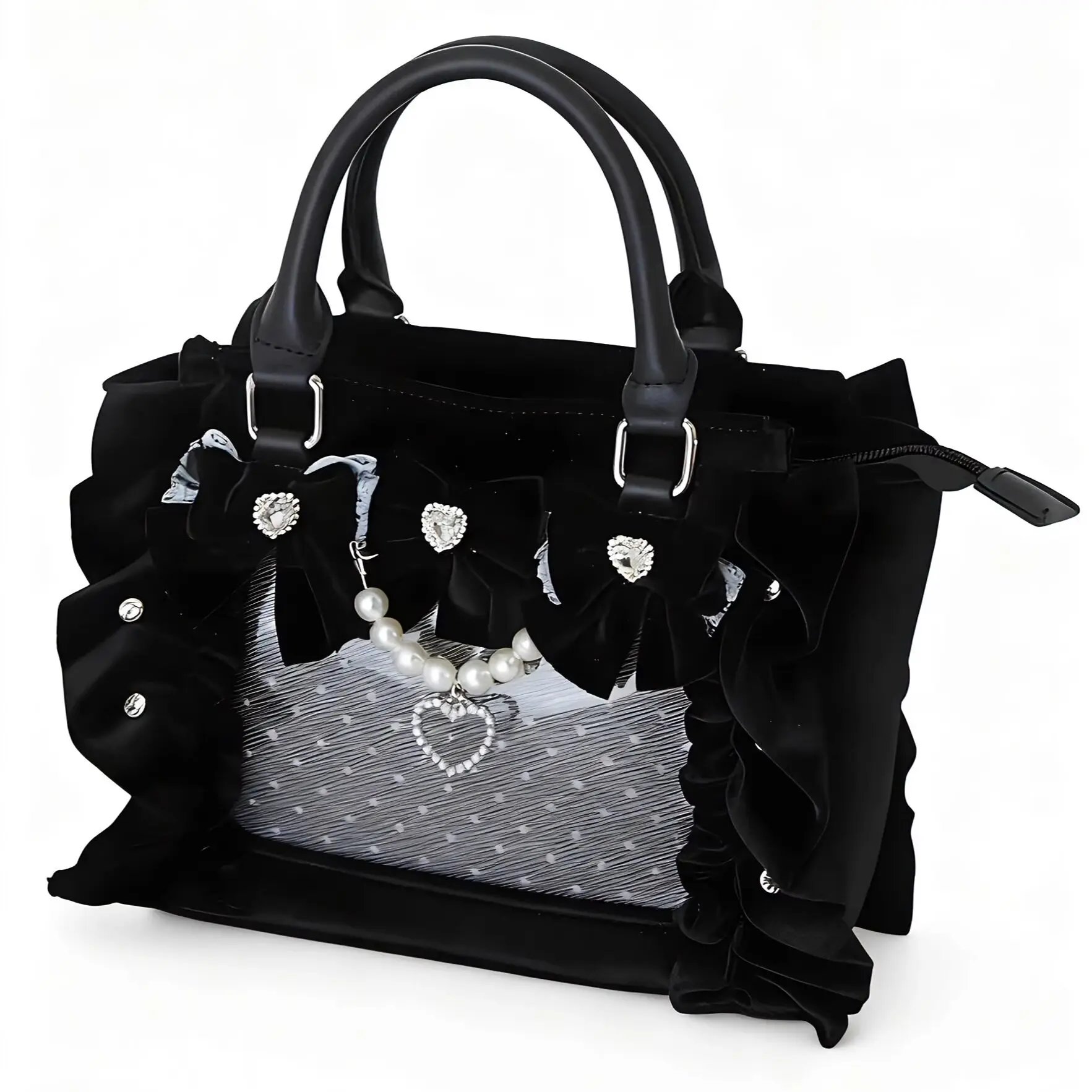 Kawaii Gothic Women Velvet Ita Tote Bag Ruffle Edge Lace Big Bow With Pearl Heart Chain Clear Window Doll Display Handbag